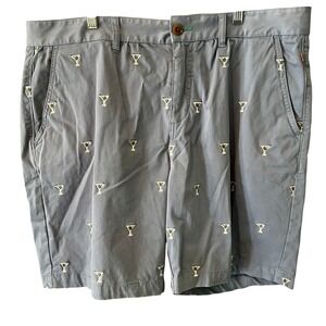 True Grit Mens 38 Martini Glass Embroidered Chino Shorts Blue Flat Front Casual